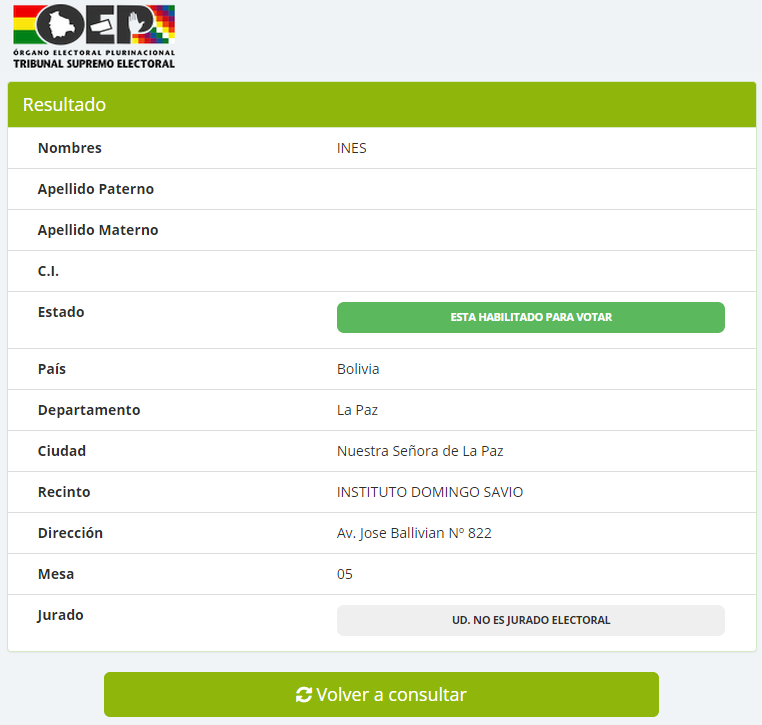 Resultado de consulta sobre la mesa electoral