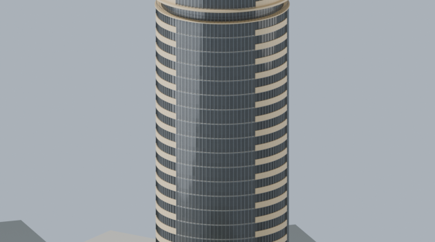 Render del modelo completo de la Torre de las Américas, desde el basamento hasta la cubierta