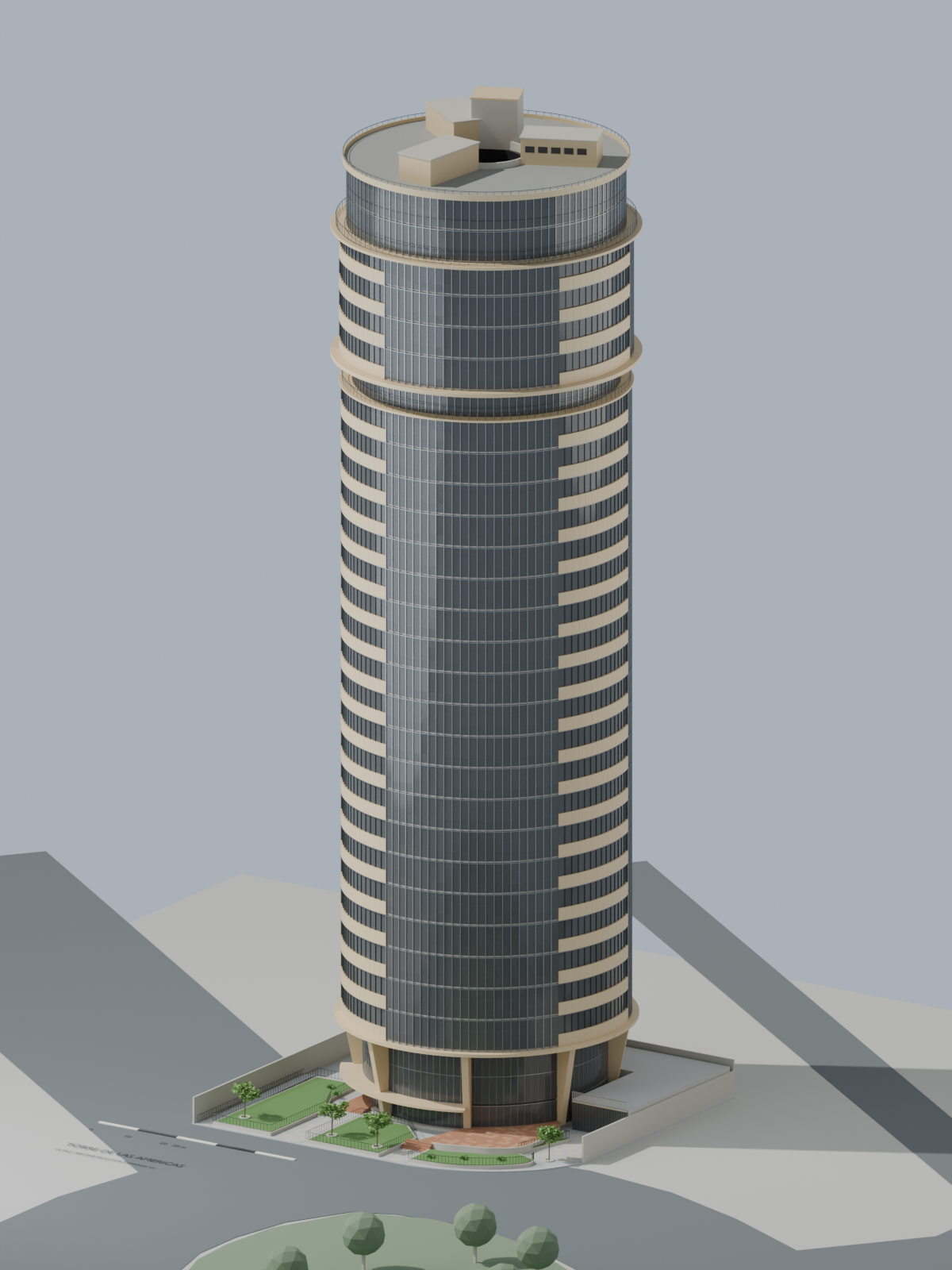 Render de la Torre de las Américas completa, desde su basamento hasta la cubierta