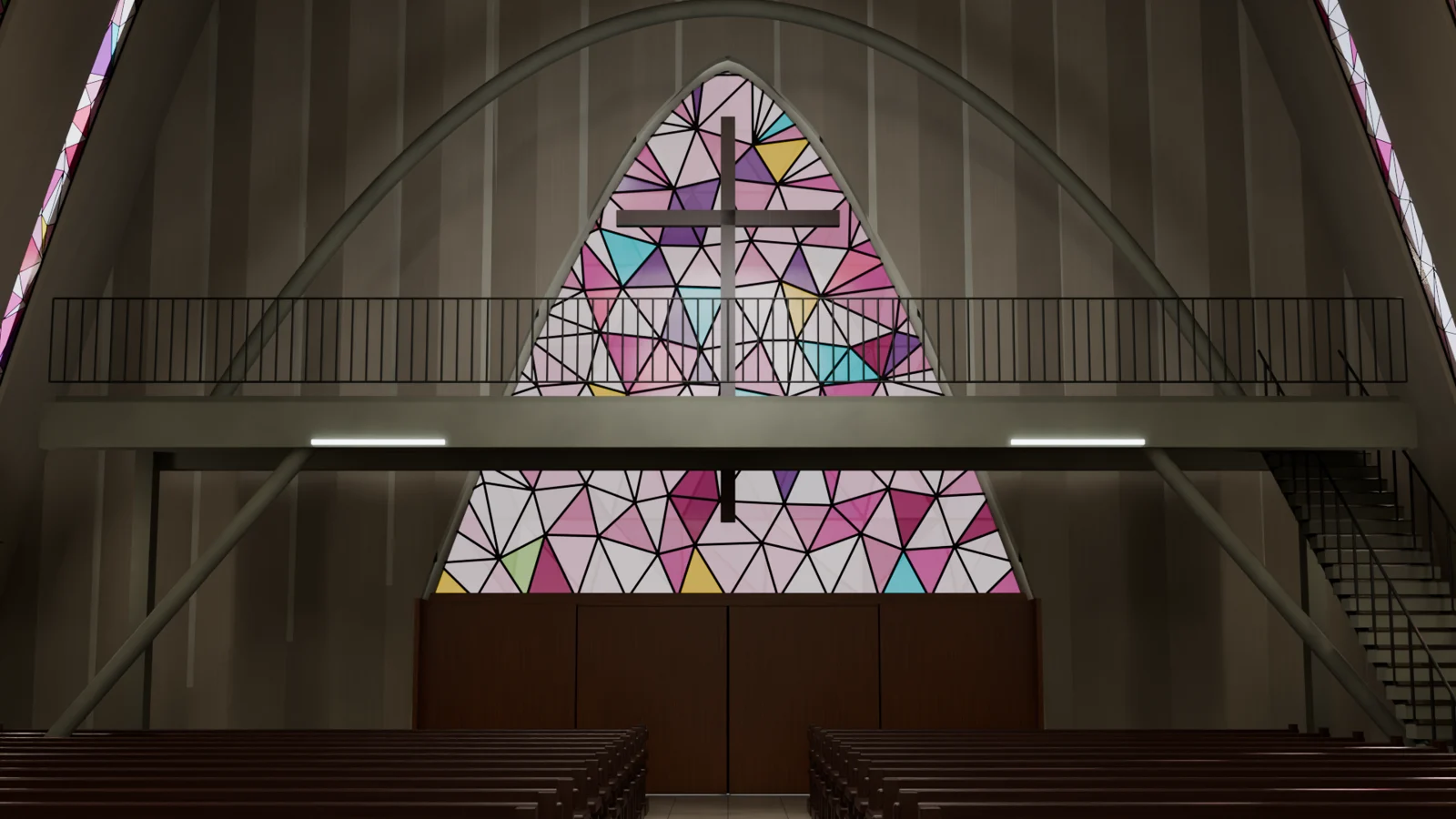 Reconstrucción del interior de San Miguel, con la nave, el altar y la cubierta curva